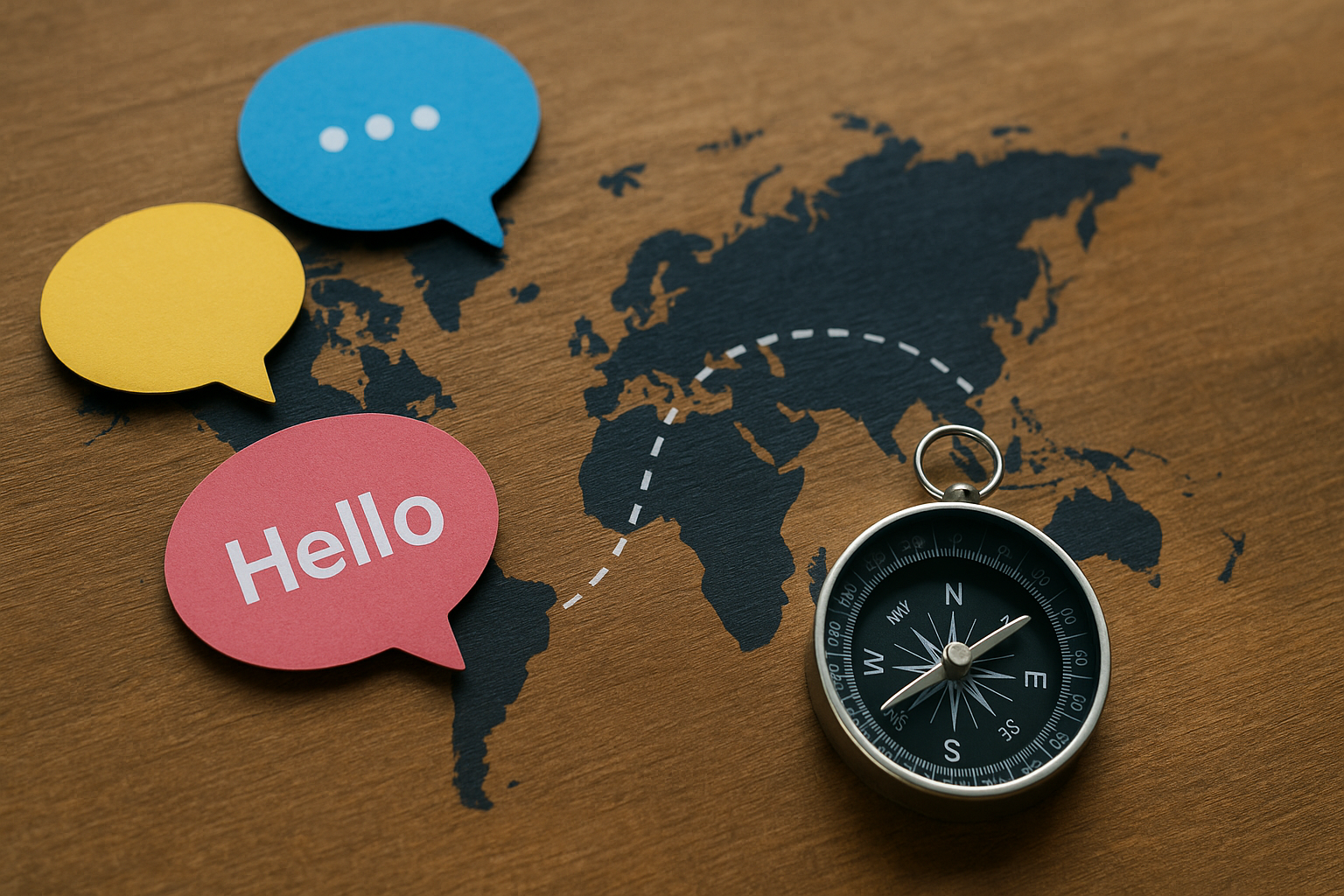 Editorial illustration of abstract message bubbles and a compass guiding a path across a world map