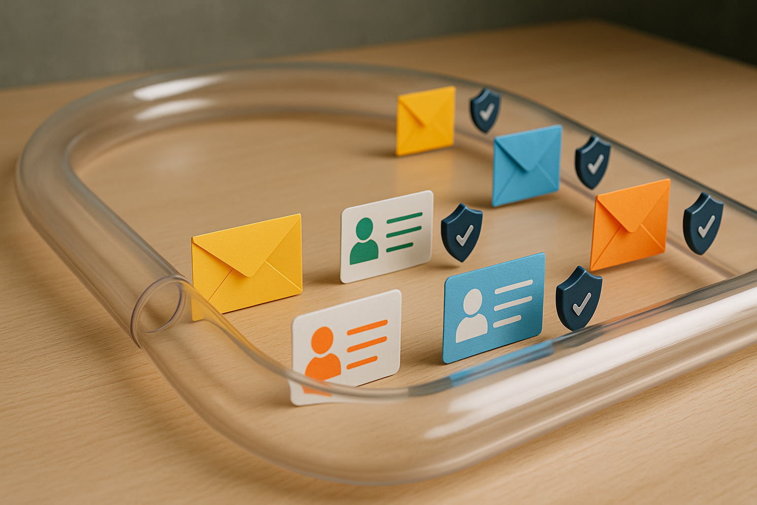 Editorial illustration of abstract envelopes, contact cards, and shield icons flowing through a tidy pipeline