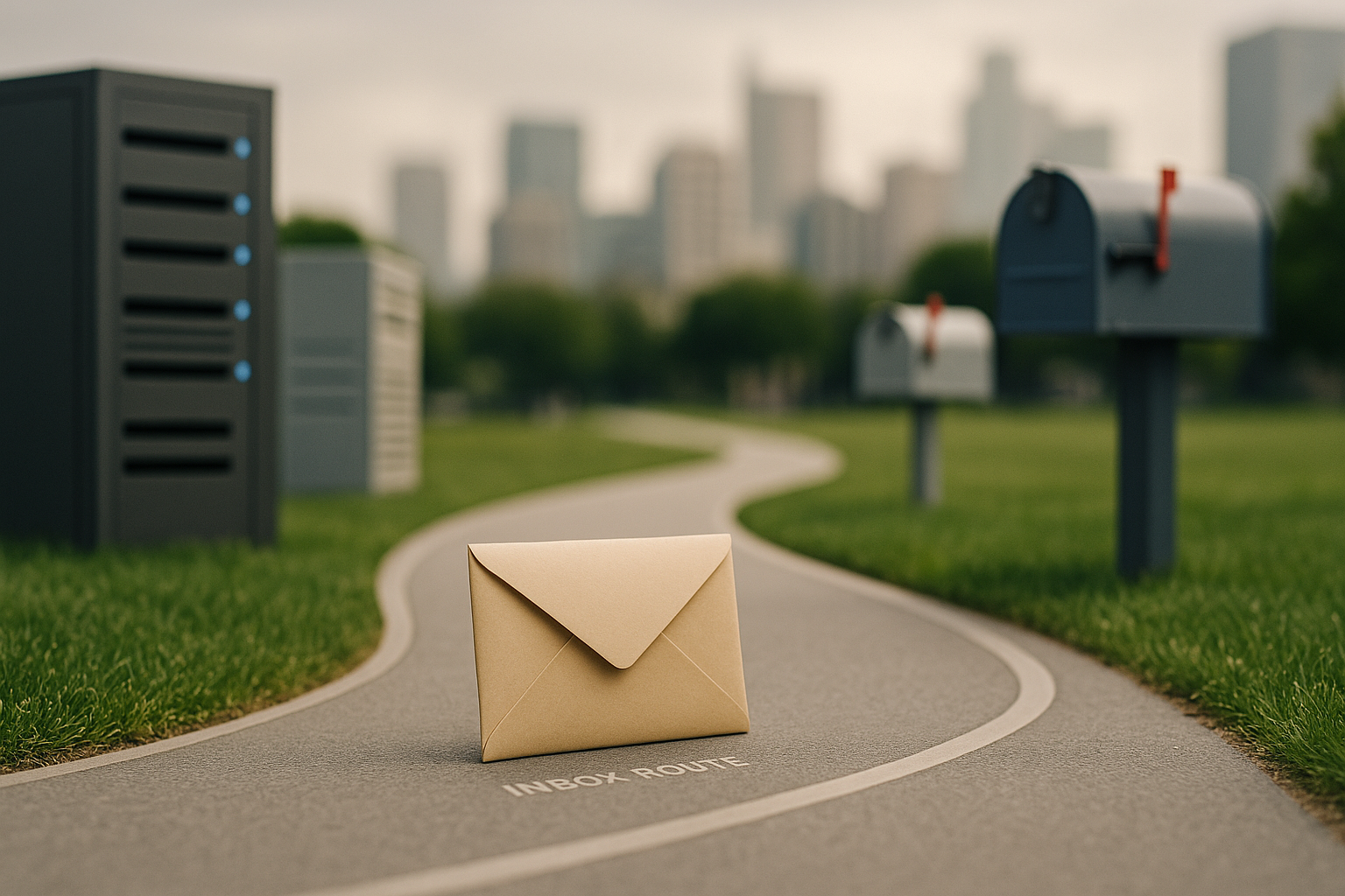 Editorial illustration of an email traveling through a calm, modern city of mailboxes and servers
